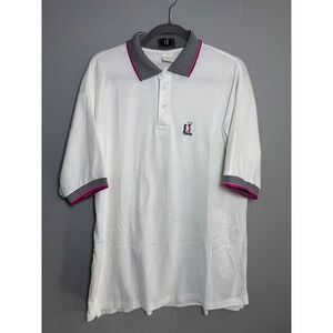 Vintage PGA Tour Mens XL Polo Shirt White Pink Navy Striped Trim Made in USA